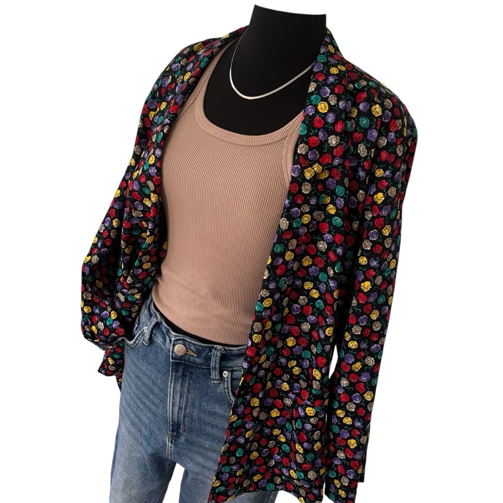 Vintage Colorayons multicolor floral blazer black single breasted oversized M - Picture 2 of 13